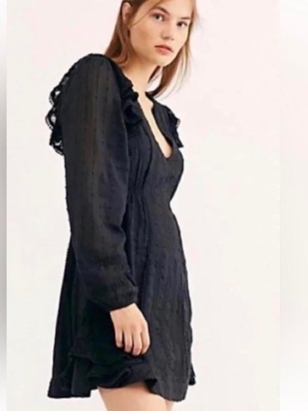 Free People Black Ruffle Long-Sleeve Mini Dress